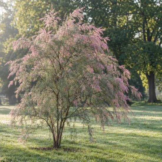 Tamaris d'été 'Rosea' (Tamarix ramosissima) — arbuste isolé aux fines branches fleuries roses · Photo d'illustration