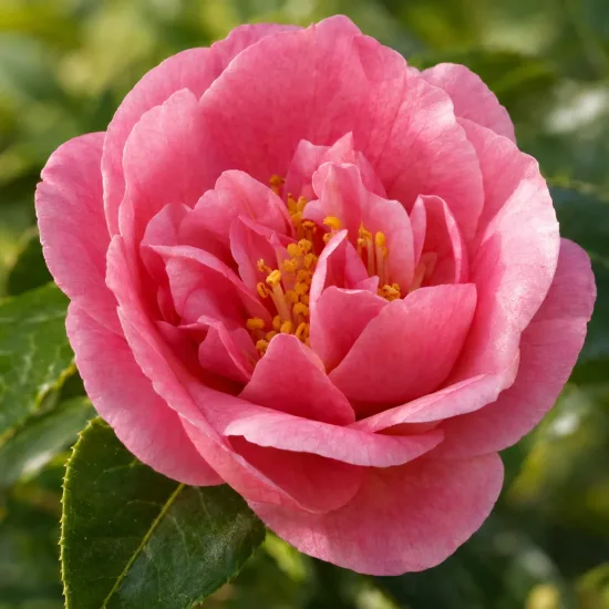 Camélia 'Debbie rose' (Camellia williamsii) — gros plan de fleur rose épanouie · Photo d'illustration, photo 3