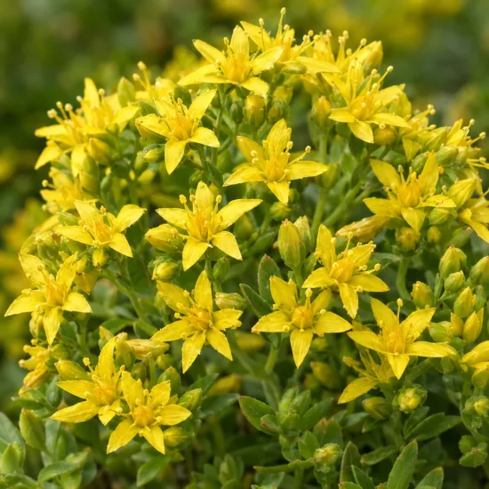 Orpin sarmenteux (Sedum sarmentosum) — touffe dense de petites fleurs jaunes étoilées · Photo d'illustration