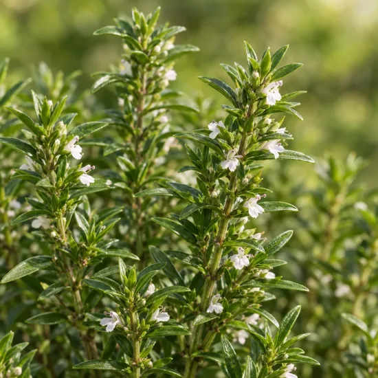 Sarriette 'Montana' (Satureja) — tiges dressées au feuillage fin et fleurs blanches · Photo d'illustration