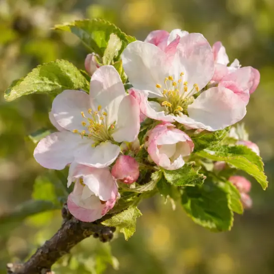 Pommier 'Nain golden sun' (Malus domestica) — grappe de fleurs blanches bordées de rose