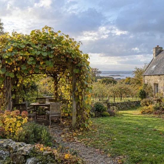 Kiwi (Actinidia) — pergola couverte de liane feuillue dans jardin campagne · Photo d'illustration