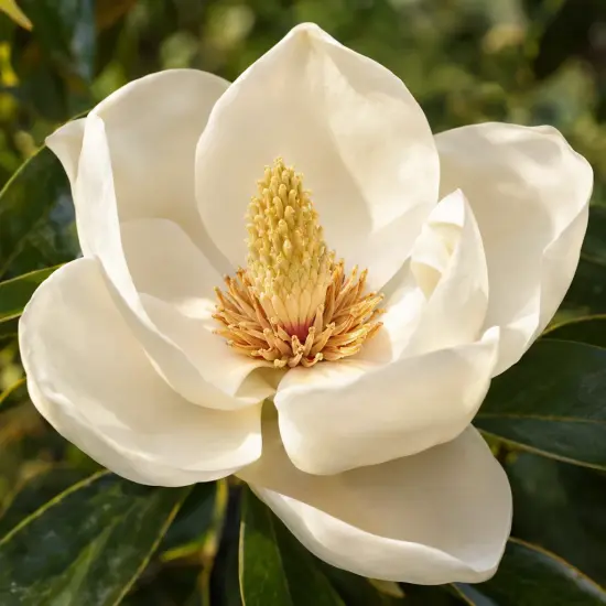 Magnolia à fleurs pourpres 'Purpan' (Magnolia grandiflora) — gros plan de grande fleur blanche ouverte