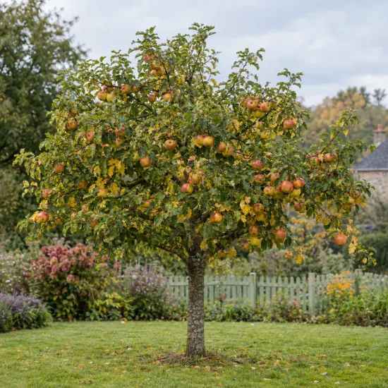 Pommier 'Reinette du normande' (Malus domestica) — arbre fruitier isolé couvert de pommes mûres