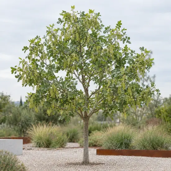 Pistachier vrai 'Peters' (Pistacia vera) — arbre isolé au feuillage dense sur gravier