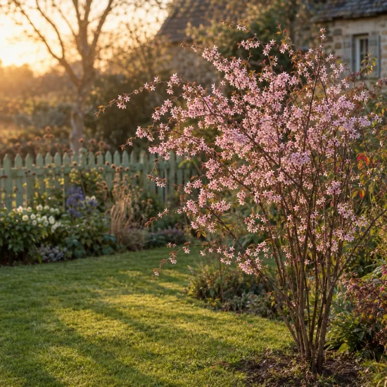 Forsythia rose de corée 'Roseum' (Abeliophyllum distichum) — arbuste fleuri rose dans un jardin au soleil · Photo d'illustration