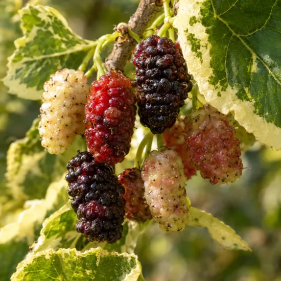 Mûrier blanc panaché 'Papers doll' (Morus alba) — grappes de fruits mûrs et immatures multicolores · Photo d'illustration