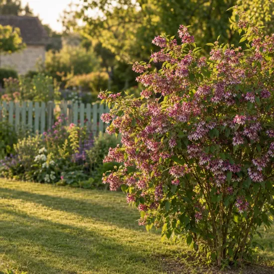 Deutzie 'Tourbillon rouge' (Deutzia magnifica) — arbuste fleuri rose en massif de jardin