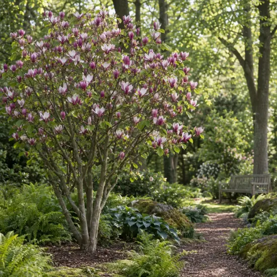 Magnolia de soulange 'Lennei' (Magnolia soulangeana) — grand arbuste fleuri dans un jardin boisé