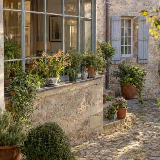 Orchidée 'Goodale moir' (Miltassia) — terrasse en pierre avec orchidées en pots fleuris · Photo d'illustration