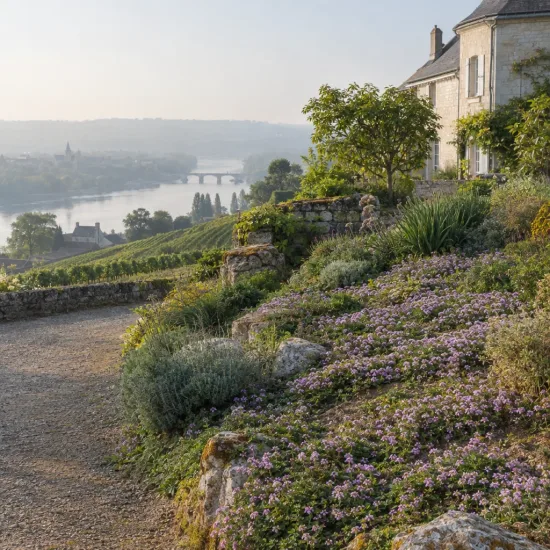 Verveine mousse (Verbena tenuisecta) — plantes couvre-sol fleuries en pente près d’une maison · Photo d'illustration