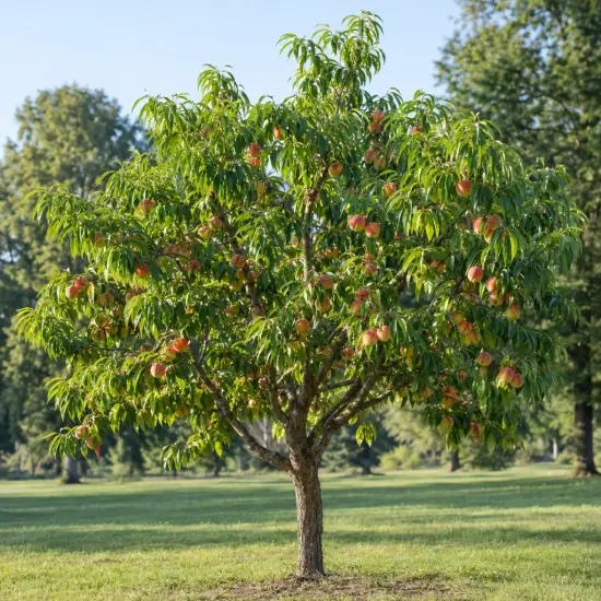 Pêcher 'Fairhaven' (Prunus persica) — arbre fruitier isolé chargé de fruits