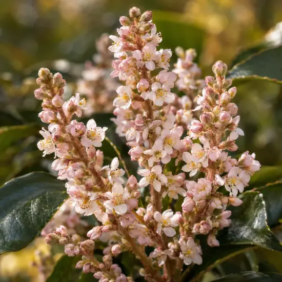 Néflier hybride 'Coppertone' (× Rhaphiobotrya) — grappes de petites fleurs rosées sur feuillage