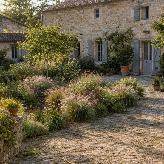 Herbe aux écouvillons 'Karley rose' (Pennisetum orientale) — massif de graminées et vivaces dans cour pavée · Photo d'illustration