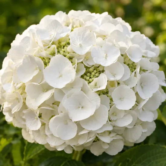 Hortensia 'Wudu blanc' (Hydrangea macrophylla) — grosse inflorescence sphérique blanche en gros plan
