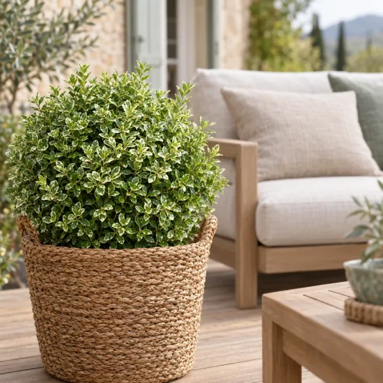 Buis commun 'Elegantissima' (Buxus sempervirens) — arbuste arrondi panaché en pot tressé sur terrasse · Photo d'illustration