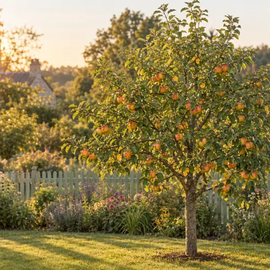 Pommier 'Cox's orange pippin' (Malus domestica) — arbre fruitier isolé chargé de pommes