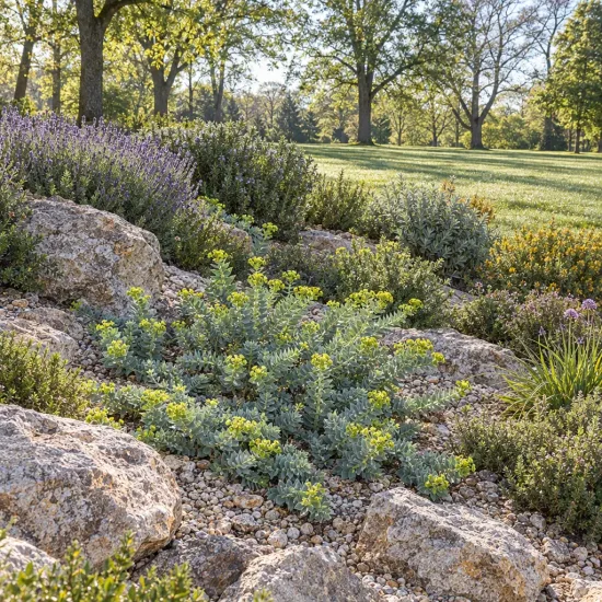 Euphorbe de corse (Euphorbia myrsinites) — massif de vivaces jaunes dans rocaille ensoleillée · Photo d'illustration