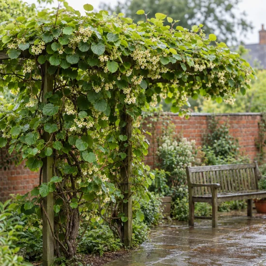 Kiwi 'Male' (Actinidia) — liane vigoureuse couvrant une pergola au jardin · Photo d'illustration
