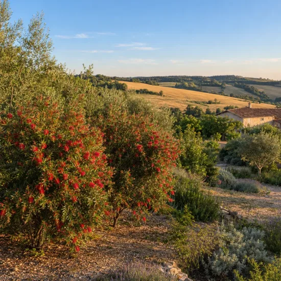 Rince bouteille 'Woodlander's hardy' (Callistemon rigidus) — arbuste fleuri aux épis rouges dans un jardin · Photo d'illustration
