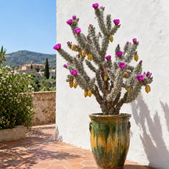 Cactée (Cylindropuntia spinosior) — grand cactus ramifié en pot sur terrasse méditerranéenne · Photo d'illustration