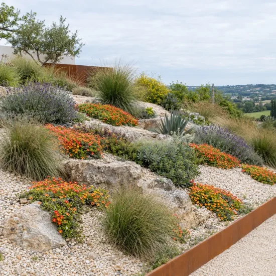 Pourpier vivace 'Fire' (Delosperma) — massif rocailleux fleuri sur talus en pente · Photo d'illustration