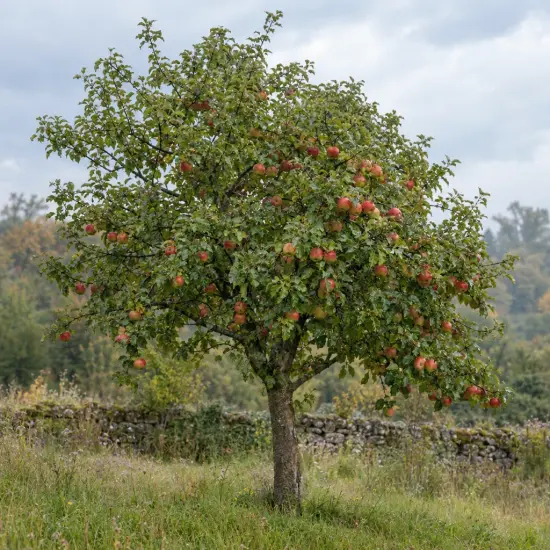 Pommier 'Stayman' (Malus domestica) — arbre fruitier isolé chargé de fruits rouges