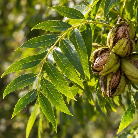Pacanier à noix de pécan (Carya illinoinensis) — grappe de fruits mûrs parmi le feuillage · Photo d'illustration