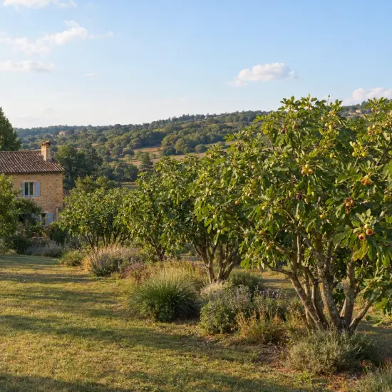 Figuier 'Jannot' (Ficus carica) — rangée d’arbres fruitiers devant maison en pierre