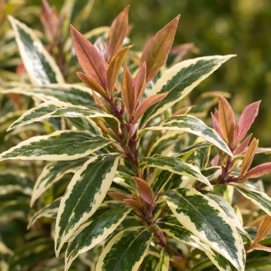 Leucothoé 'White water' (Leucothoe fontanesiana) — feuillage panaché aux jeunes pousses rouges · Photo d'illustration