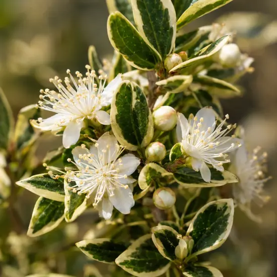 Myrte compact panaché blanc (Myrtus microphylla) — fleurs blanches ouvertes et boutons sur feuillage panaché