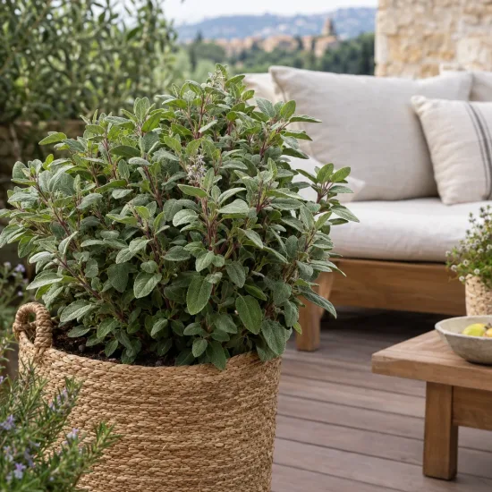 Sauge commune 'Grower's friend' (Salvia officinalis) — grand plant aromatique en panier sur terrasse · Photo d'illustration