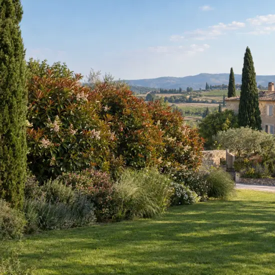 Néflier hybride 'Coppertone' (× Rhaphiobotrya) — grand massif arbustif fleuri dans jardin méditerranéen