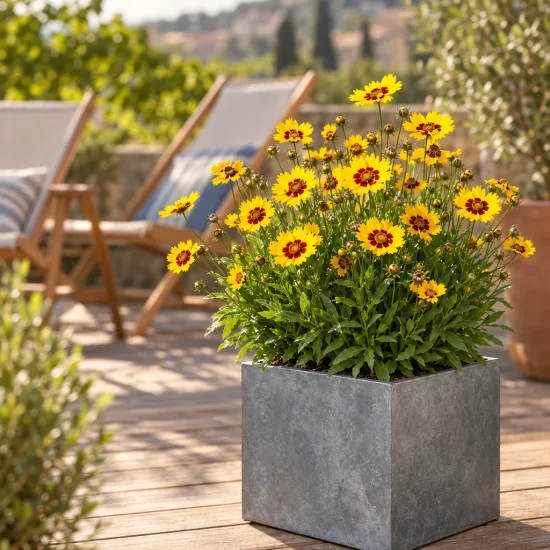 Coréopsis à grandes fleurs 'Sunfire' (Coreopsis grandiflora) — touffe fleurie en pot carré sur terrasse · Photo d'illustration
