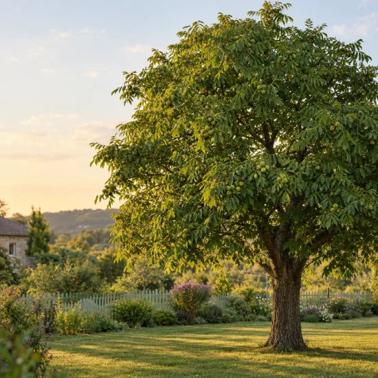 Noyer mexicain (Juglans mollis) — grand arbre isolé dans un jardin · Photo d'illustration