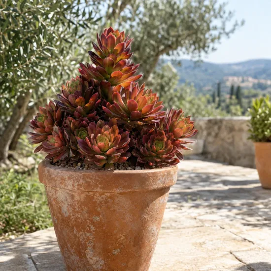 Succulente 'Surreal sienna' (Semponium) — succulente colorée en pot sur terrasse ensoleillée · Photo d'illustration