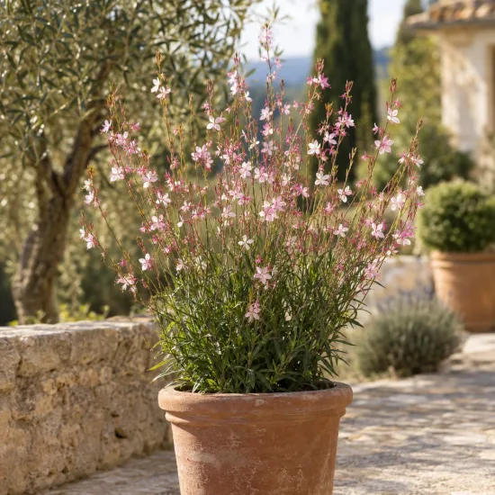 Gaura 'Geyser pink' (Gaura lindheimeri) — touffe florifère aux petites fleurs roses étoilées · Photo d'illustration
