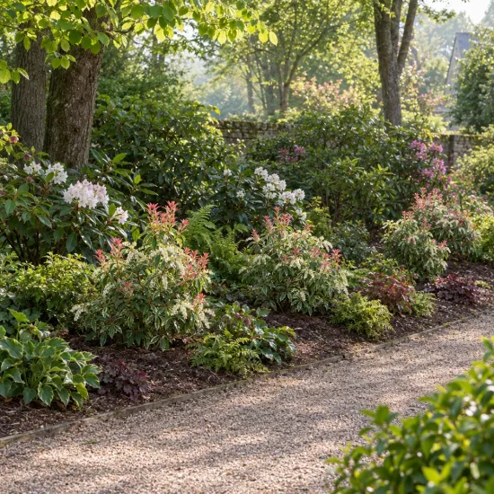 Andromède du japon 'Flaming silver' (Pieris japonica) — massif de bordure arbustif le long d allée gravillonnée · Photo d'illustration