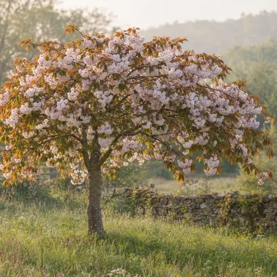 Cerisier du japon 'Shirofugen' (Prunus serrulata) — arbre ornemental en fleurs dans un pré