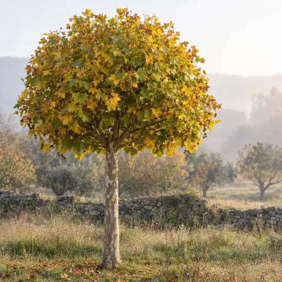 Platane commun 'Alphen's globe' (Platanus acerifolia) — arbre rond isolé au feuillage jaune doré