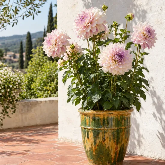 Dahlia décoratif shiloh noelle 'Shiloh noelle' (Dahlia decorativus) — grand dahlia en pot sur terrasse ensoleillée · Photo d'illustration