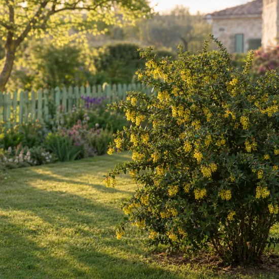 Épine-vinette (Berberis stenophylla) — grand arbuste fleuri dans un jardin au soleil · Photo d'illustration