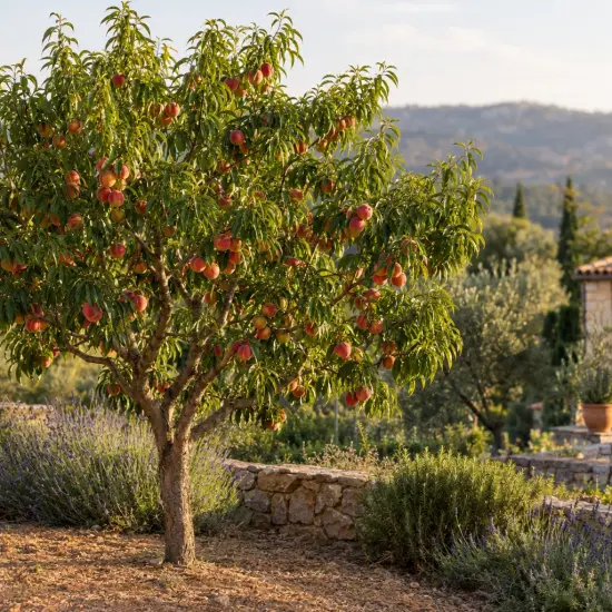 Pêcher 'Fayette' (Prunus persica) — arbre fruitier chargé de fruits colorés au jardin