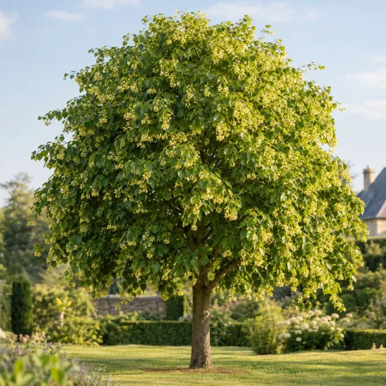 Tilleul commun 'Euchlora' (Tilia europaea) — grand arbre isolé au feuillage dense · Photo d'illustration