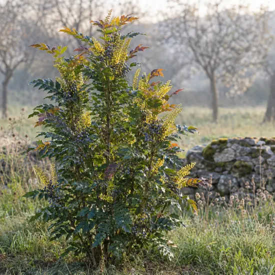 Mahonia 'Hivernant' (Mahonia japonica) — arbuste dressé au feuillage luisant, grappes florales et baies