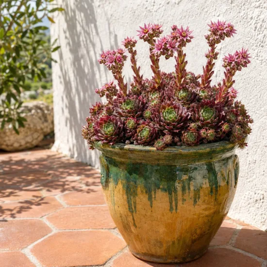 Joubarbe à rosette rouge foncé coeur duveteux 'Cosmic candy' (Sempervivum) — succulente en pot vernissé avec fleurs roses · Photo d'illustration