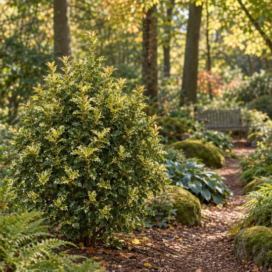Osmanthe à feuilles variables 'Tricolor' (Osmanthus heterophyllus) — arbuste au feuillage panaché dans jardin ombragé · Photo d'illustration
