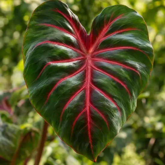 Oreille d'éléphant 'Pharaohs mask red' (Colocasia esculenta) — grand limbe en forme de cœur nervuré rouge