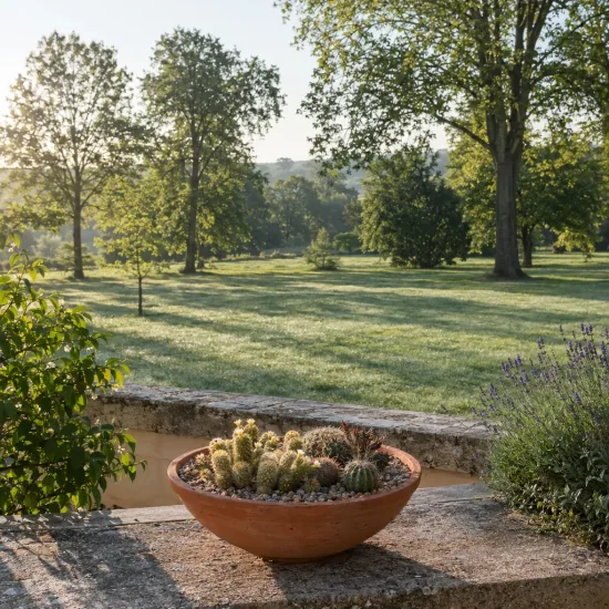 Mammillaire doré (Mammillaria elongata) — cactus en coupe terre cuite sur muret, jardin · Photo d'illustration