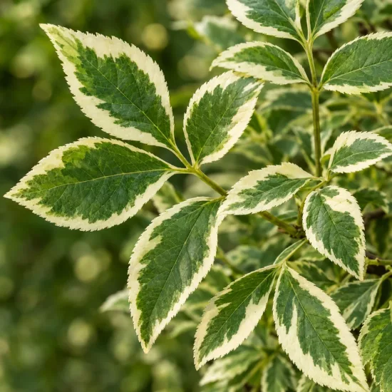 Eleuthérocoque de siebold 'Variegatus' (Eleutherococcus sieboldianus) — gros plan sur feuilles panachées vert et crème · Photo d'illustration